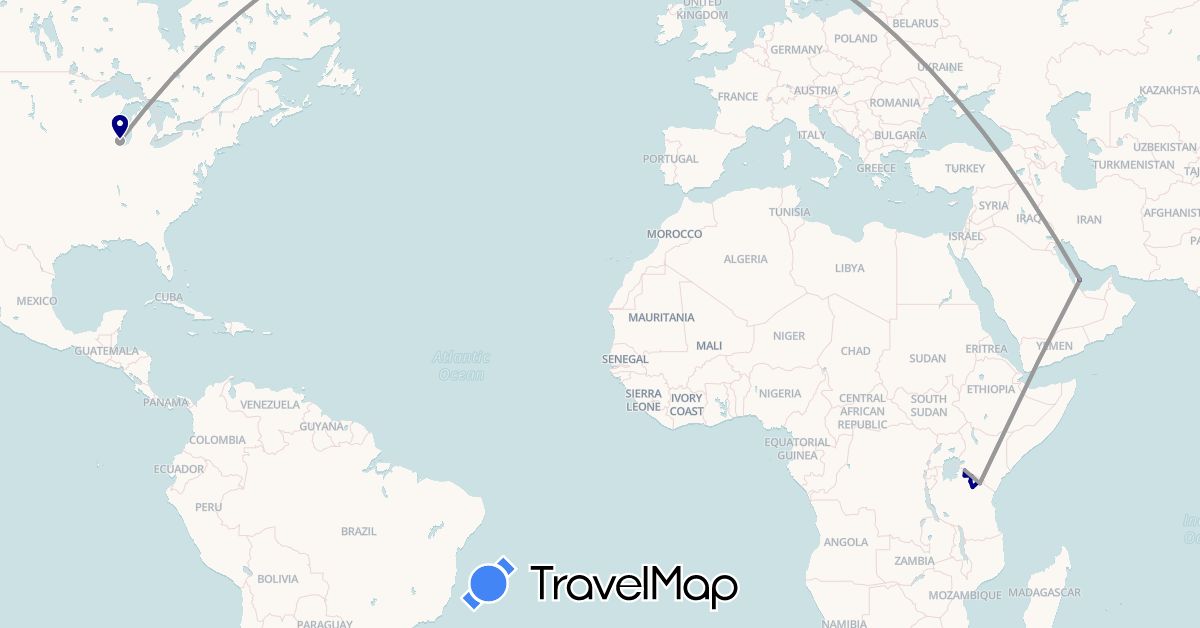TravelMap itinerary: driving, plane in Qatar, Tanzania, United States (Africa, Asia, North America)
